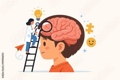 Female doctor psychologist climbing ladder to examine child's brain with magnifying glass, mental health concept, pediatric psychology, brain development, cognitive therapy, flat vector illustration