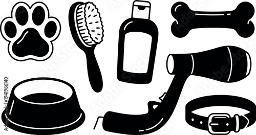 Black silhouette icons set of pet grooming brush feeding bowl leash bone bottle and paw print vector illustration