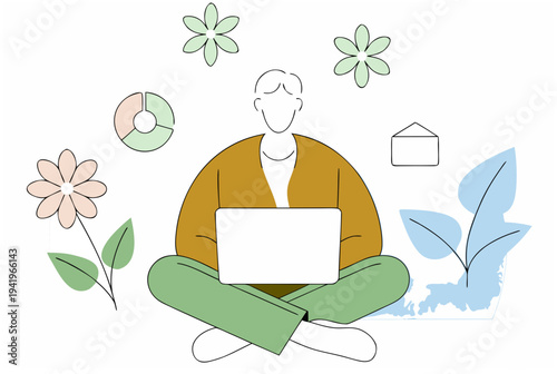 Man working on laptop digitally from remote location. Digital nomad celebrating Easter while traveling and working. Vector illustration for banner