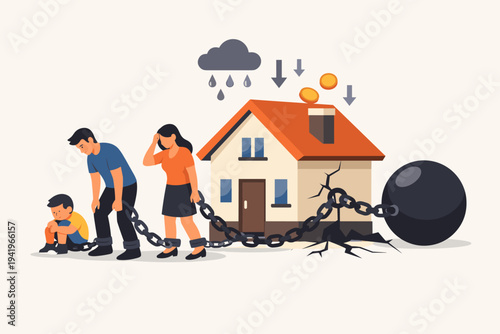 Vector illustration of a family chained to a house burdened by heavy mortgage debt and financial crisis, featuring a father, mother, and child struggling under the weight of home ownership costs.