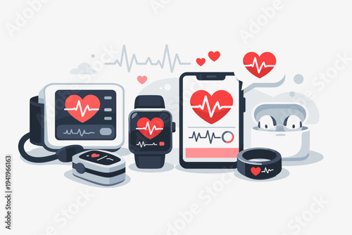 Modern Digital Health Monitoring Devices Vector Illustration Featuring Smartwatch, Smartphone App, Blood Pressure Monitor, Pulse Oximeter, Smart Ring, and Hearables for Heart Rate Tracking.