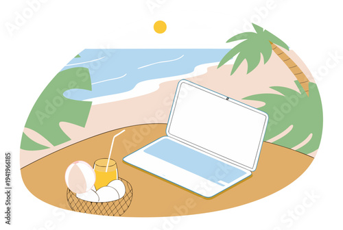 Laptop on beach table with palm tree, sea and sun. Digital nomad remote work during Easter holiday. Vacation travel vector illustration