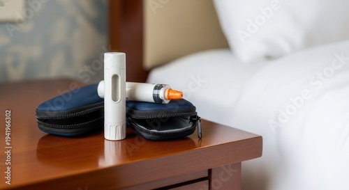 An EpiPen and Its Protective Case Resting on a Wooden Nightstand Beside a Hotel Bed, Highlighting Essential Medical Preparedness