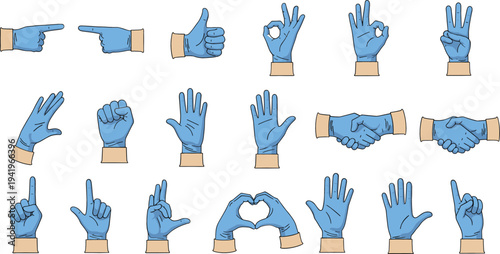 Set of blue hand gestures and signs including pointing, thumbs up, handshake, heart shape and counting fingers collection in flat vector illustration
