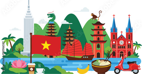 Vietnam travel landmarks and cultural symbols illustration with flag, pagoda, dragon, mountains, food bowl, scooter and famous architecture in colorful vector style