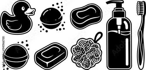 Black and white minimalist vector icons set of bathroom items with soap bars toothbrush rubber duck sponge and liquid dispenser