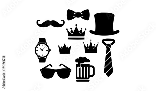 Father Day celebration silhouette elements with mustache hat bow tie crown and glasses vector set isolated on white background