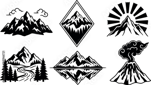 Black and white vector mountain designs with trees river reflection clouds and erupting volcano in minimalist style scenic nature icons