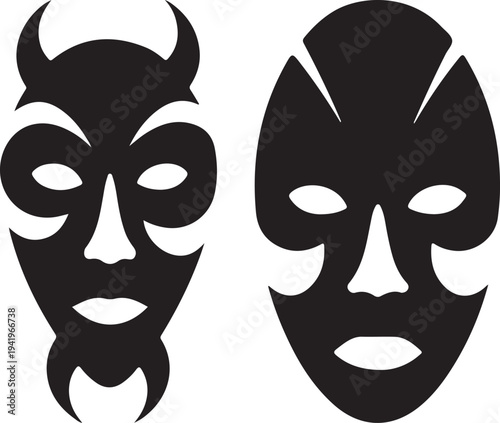 Two stylized black tribal masks, one resembling a devil with horns and a beard, the other abstract, both on a transparent background