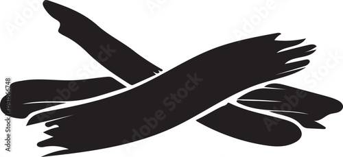 Dynamic vector silhouette of two hand-painted black brush strokes forming a rustic cross mark, ideal for transparent background design elements and graphic projects