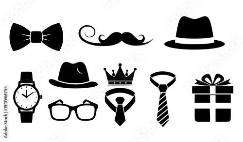 Modern Fathers Day silhouette clipart set with mustache bow tie hat crown watch and glasses isolated on white background
