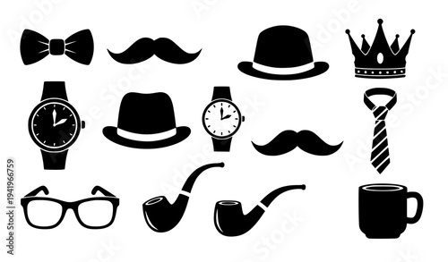 Fathers Day silhouette icon set with mustache bow tie hat crown watch and glasses vector clipart isolated on white background