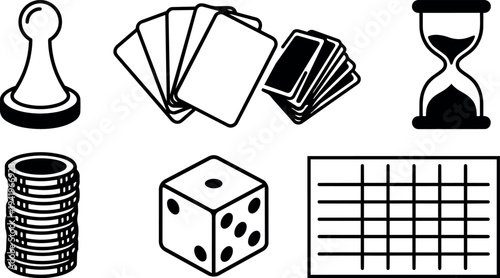 Minimalist black and white vector icons set featuring dice cards chips hourglass pawn and scoreboard grid layout