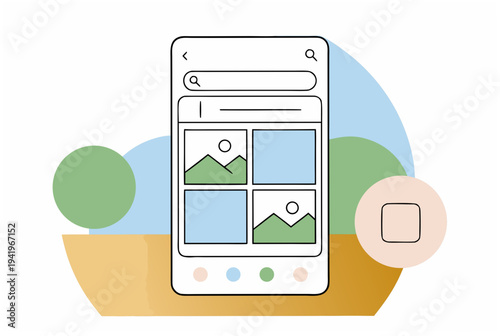 Smartphone displaying photo gallery and search bar. Mobile application interface concept. Vector outline illustration