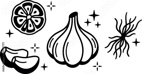 Black and white vector art of garlic bulb cloves and sliced lemon with abstract root and sparkles decorative style