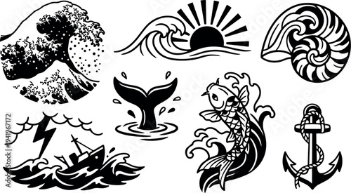 Traditional japanese style wave big splash koi fish anchor ocean storm ship lightning shell sunrise vector art set