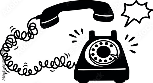 Black and white vector art of ringing vintage rotary telephone with curly cord and empty speech bubble illustration