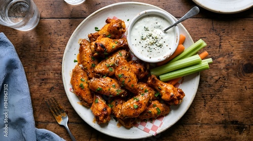 Delicious Buffalo Chicken Wings with Blue Cheese Dip and Fresh Vegetables on a Wooden Table