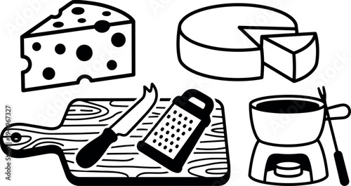 Black and white minimalist vector illustration of cheese pieces cutting board knife grater and fondue pot with fork