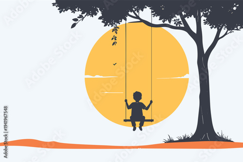 Vector illustration of a spooky autumn night featuring a silhouette of a man with a surfboard and a surfer on the beach under an orange moon with a pumpkin and bats