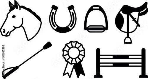 Black and white flat design set of horse head horseshoe riding crop riding helmet ribbon horse saddle and jump fence icons