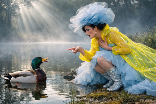 dialogue absurde : une femme élégante pointant du doigt un canard surpris.