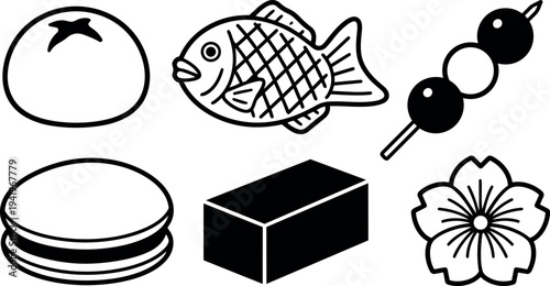 Minimalist black and white japanese food icons including taiyaki fish dango dumpling mochi sweet block and cherry blossom flower vector art