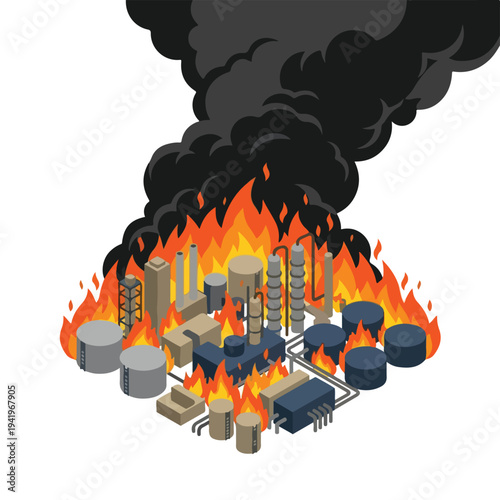 isometric vector flat oil refinery area explodes and burns 001