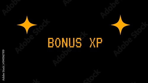 A retro video game style animation displays pixelated BONUS XP text glowing brightly with sparkling stars. 4K video animation for video game.