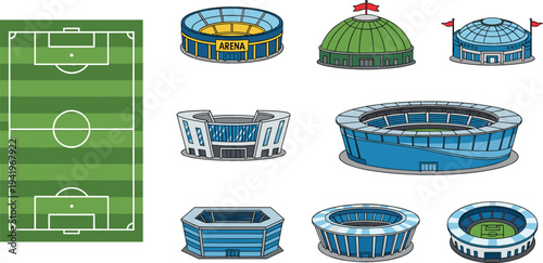 Football stadium and soccer field collection with different arena buildings and top view playground, sports venue architecture set in flat vector illustration