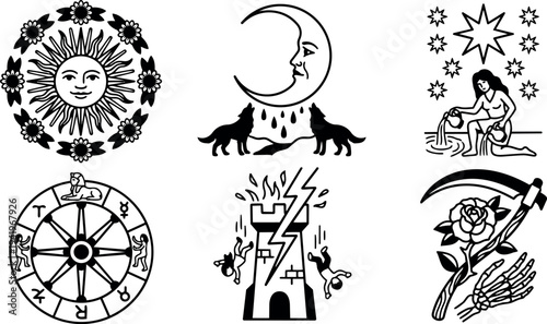Black and white vector art mystical sun moon wolves tower lightning skeleton hand rose elements astrological symbols line art set
