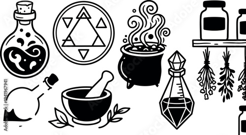 Black and white vector art of mystical alchemy objects including potion bottles cauldron magic herbs mortar and pestle with mystical symbols