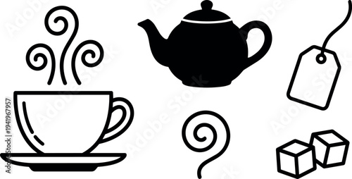 Minimalist black and white vector icons of steaming cup teapot sugar cubes and tea bag outline set for beverage branding and menu design
