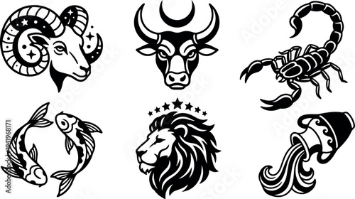 Black and white zodiac astrology symbols set with ram bull scorpion fish and lion heads in vector art style