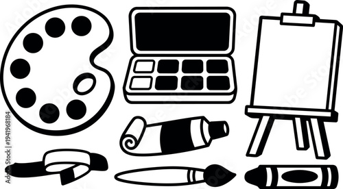Black and white minimalist vector art set of painting palette watercolor brush paint tube easel and paint stick icons isolated on white background