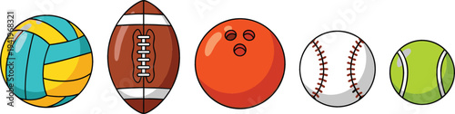 Sports balls collection volleyball american football bowling ball baseball and tennis ball vector illustration set