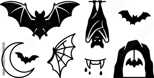 Black silhouette bat icons with vampire fangs wings crescent moon and cave in minimalist vector style set