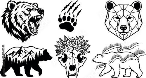 Black and white vector art collection of roaring bear head geometric bear face wild animal paw print floral skull and walking bear silhouette