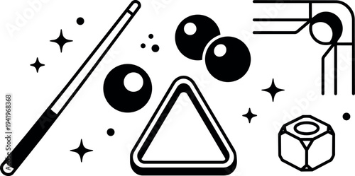 Minimalist black and white vector design of billiard cue ball triangle and corner pocket symbol isolated on white background