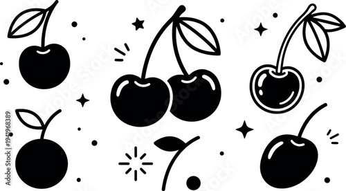 Minimalist black silhouette cherries and single cherry icons with leaves and decorative sparkles vector art set