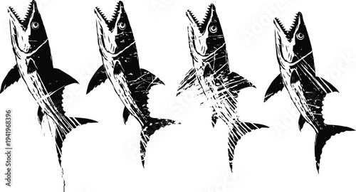 Four black and white hand drawn fish illustrations, vintage fishing art set
