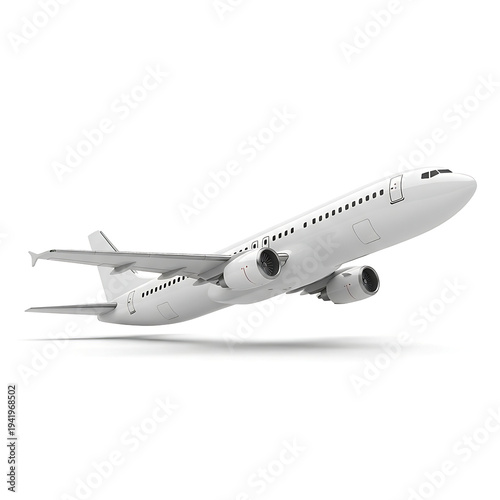 Commercial passenger airplane jet in flight side view isolated on white background