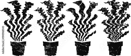 Set of black silhouette smoking pots with rising wavy smoke for danger and pollution concept