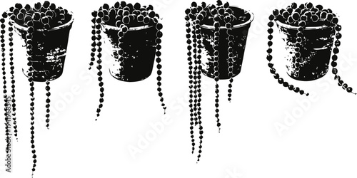 Black and white silhouette of hanging string of pearls succulent plants in pots minimalist botanical illustration