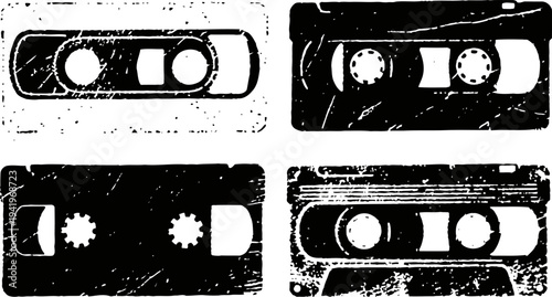 Retro cassette tapes set, vintage music audio cassettes with worn textures and grunge effects