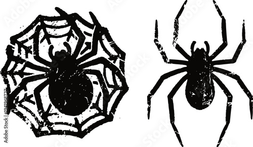 Black spiders and webs illustrations halloween creepy insects, spooky spider design, spooky ritual icons, vector art