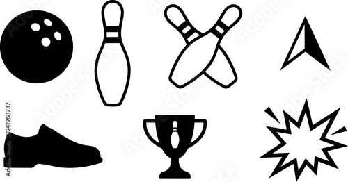 Black and white vector icons set featuring bowling ball pins shoes trophy starburst and arrow shapes isolated on white background