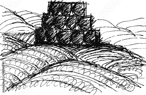 hay bales stacked on rolling farmland hills sketched in black ink lines