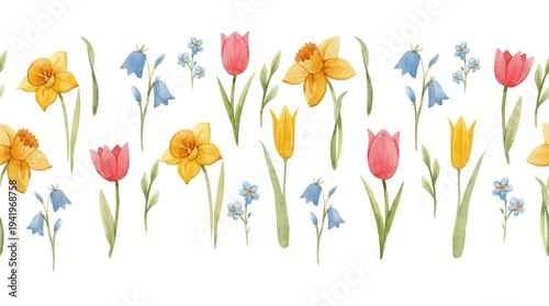 A watercolor spring flower pattern featuring tulips, daffodils, and blue flowers in a horizontal format. Can be used as a border or strip design.