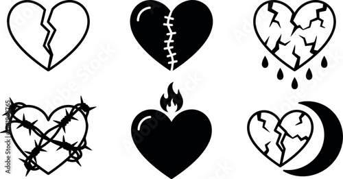 Black and white cracked hearts with stitches barbed wire fire and crescent moon vector icons set